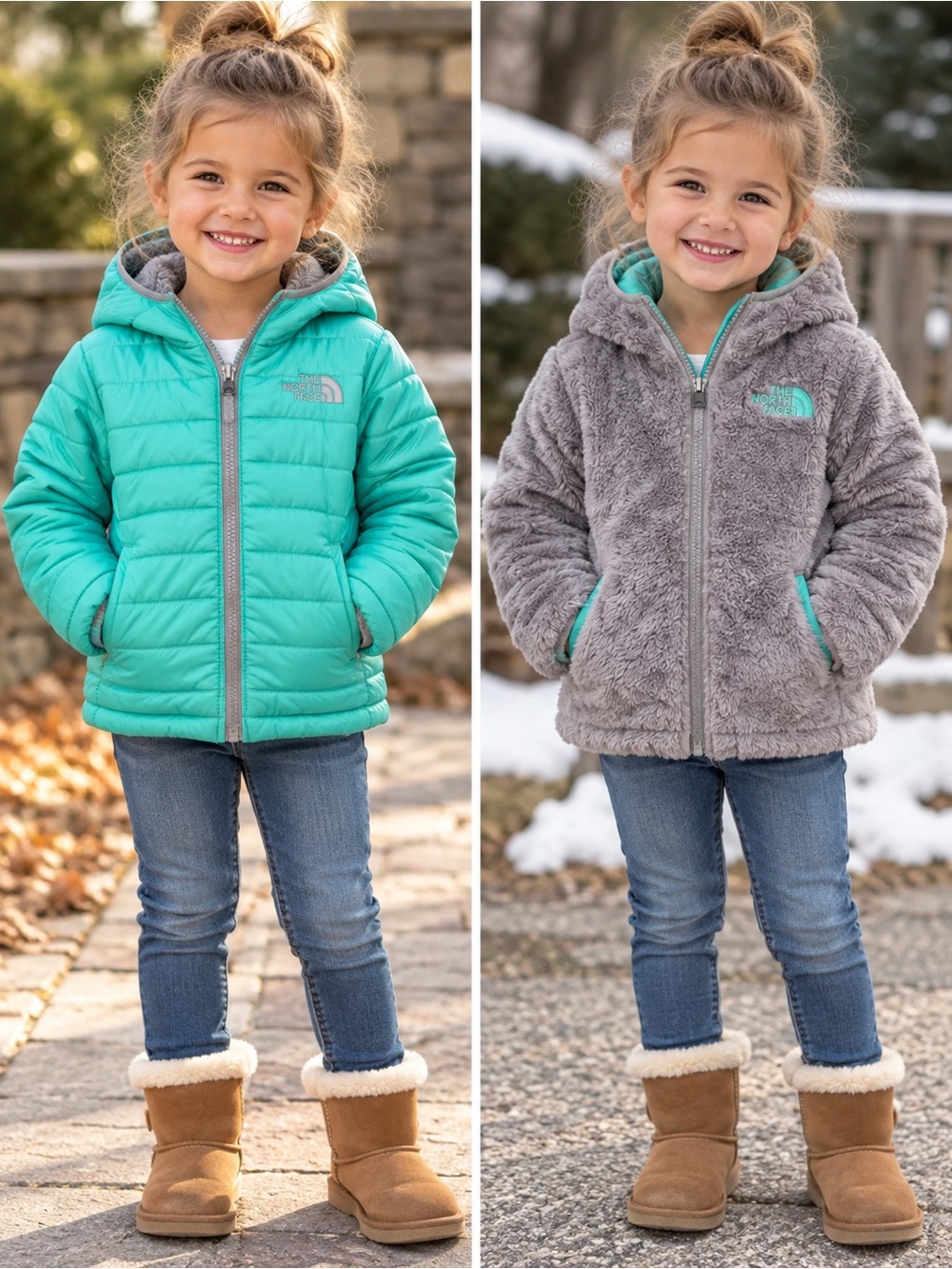 The North Face Toddler 3T Reversible Fleece Puffer Jacket Teal Gray Hooded